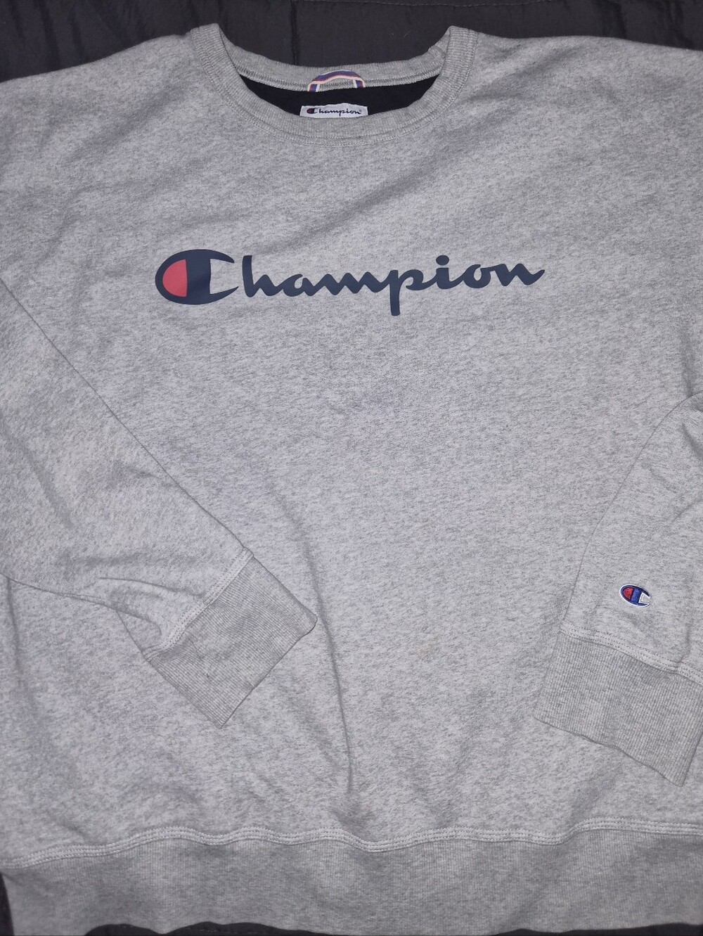 Champion Grey Crewneck with Navy Script and Red Logo Accent